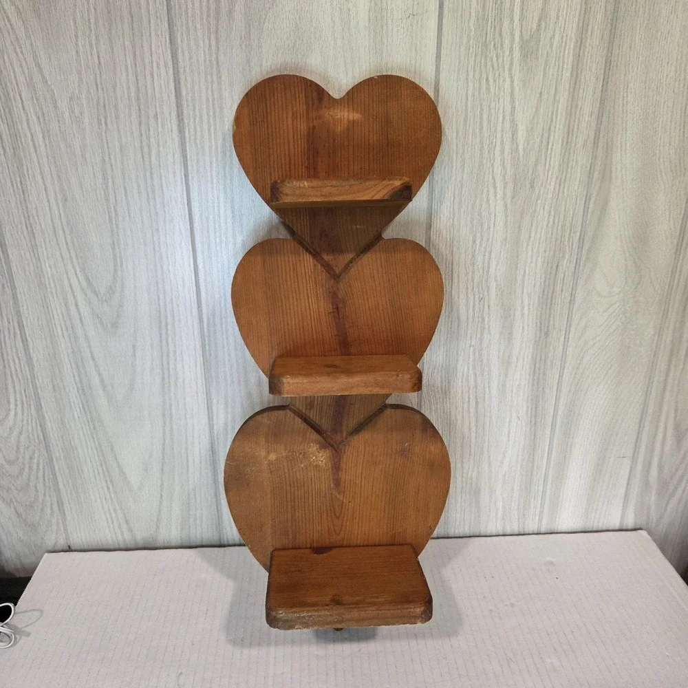 Vtg Wood 3 Tier Heart Shaped Wall Hanging Display Shelf Farmhouse Country 21